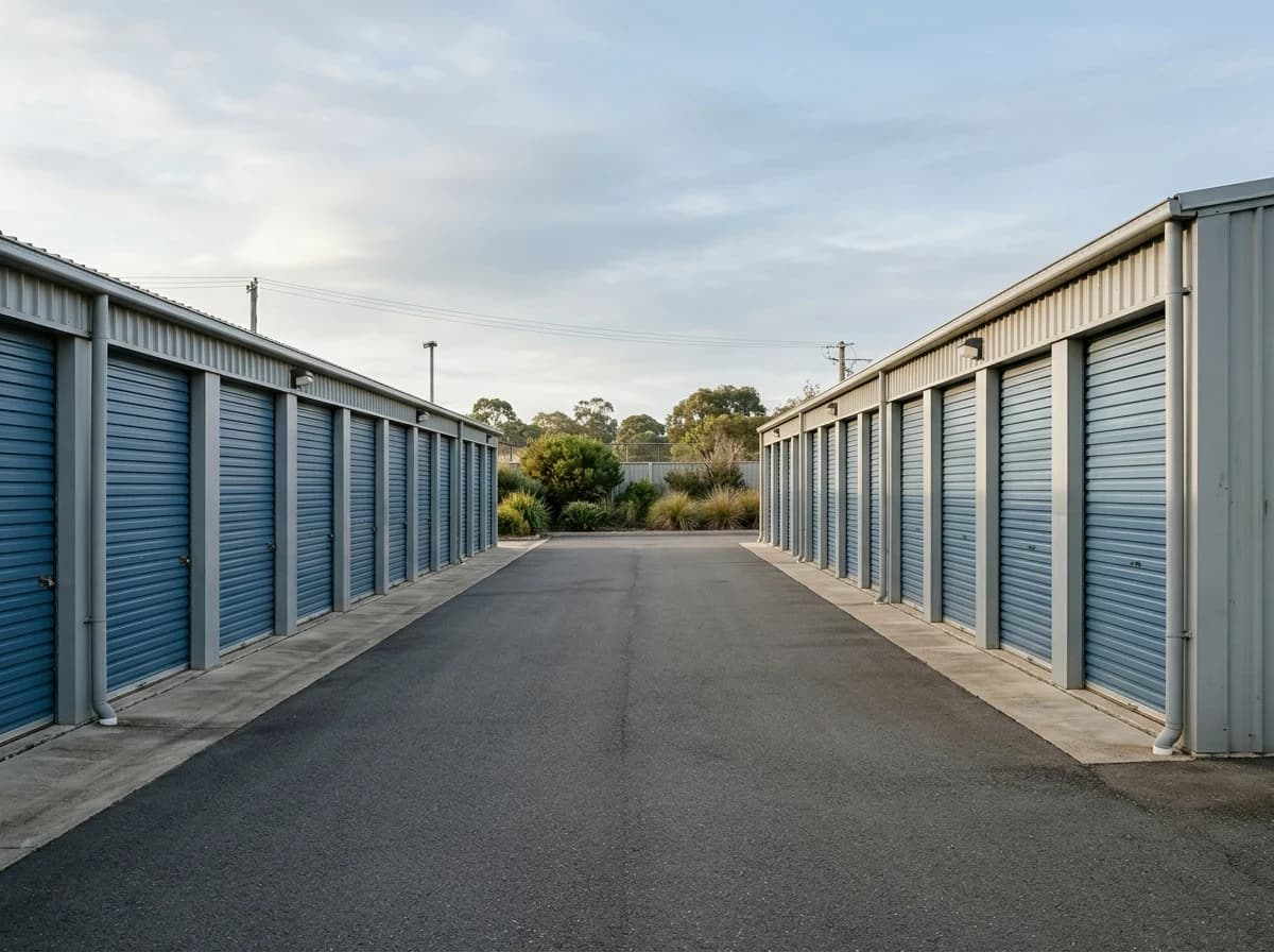 A paved lane between rows of self-storage units with blue roller doors.