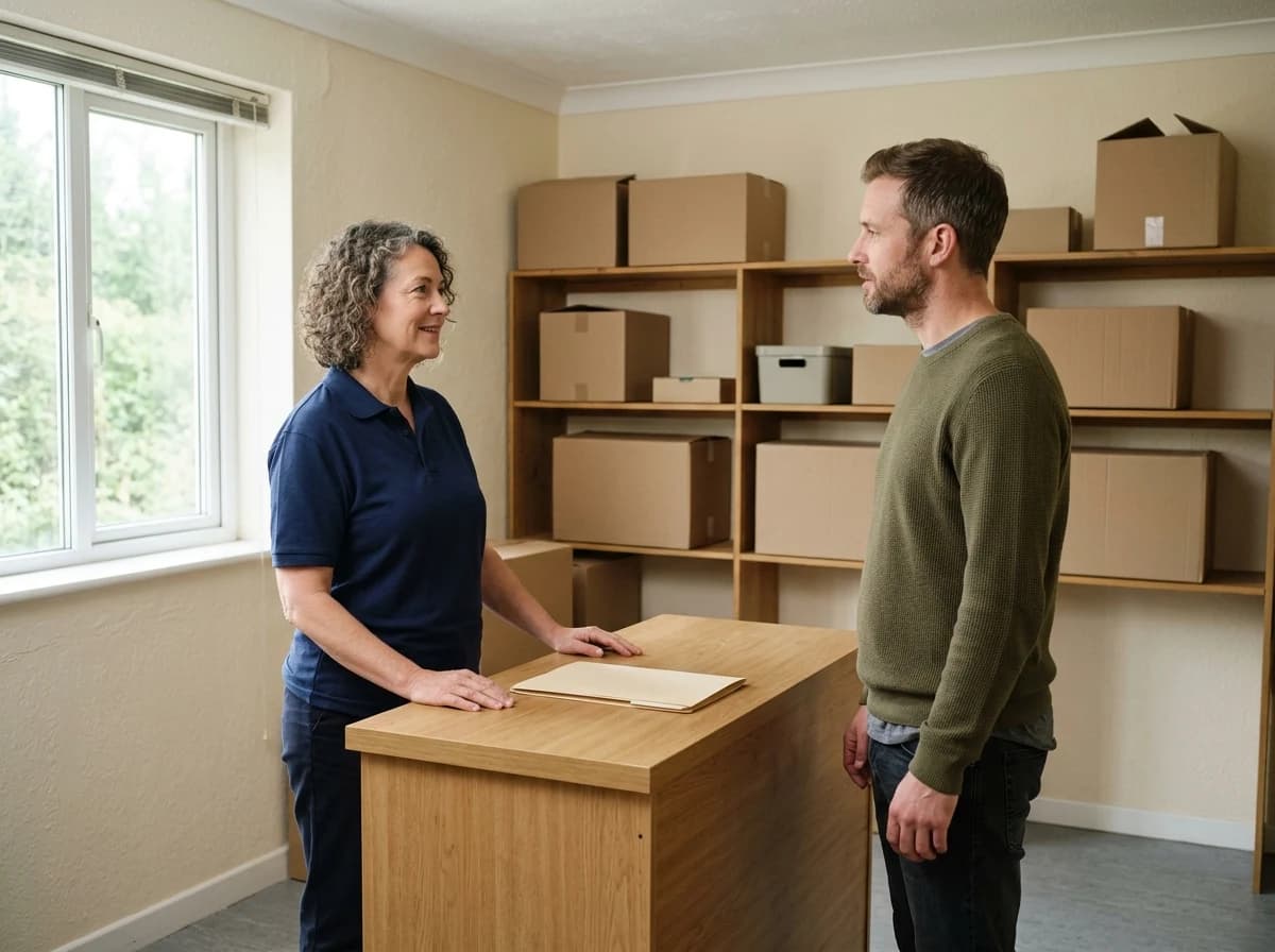 A storage facility staff member speaking with an adult visitor at a reception counter.
