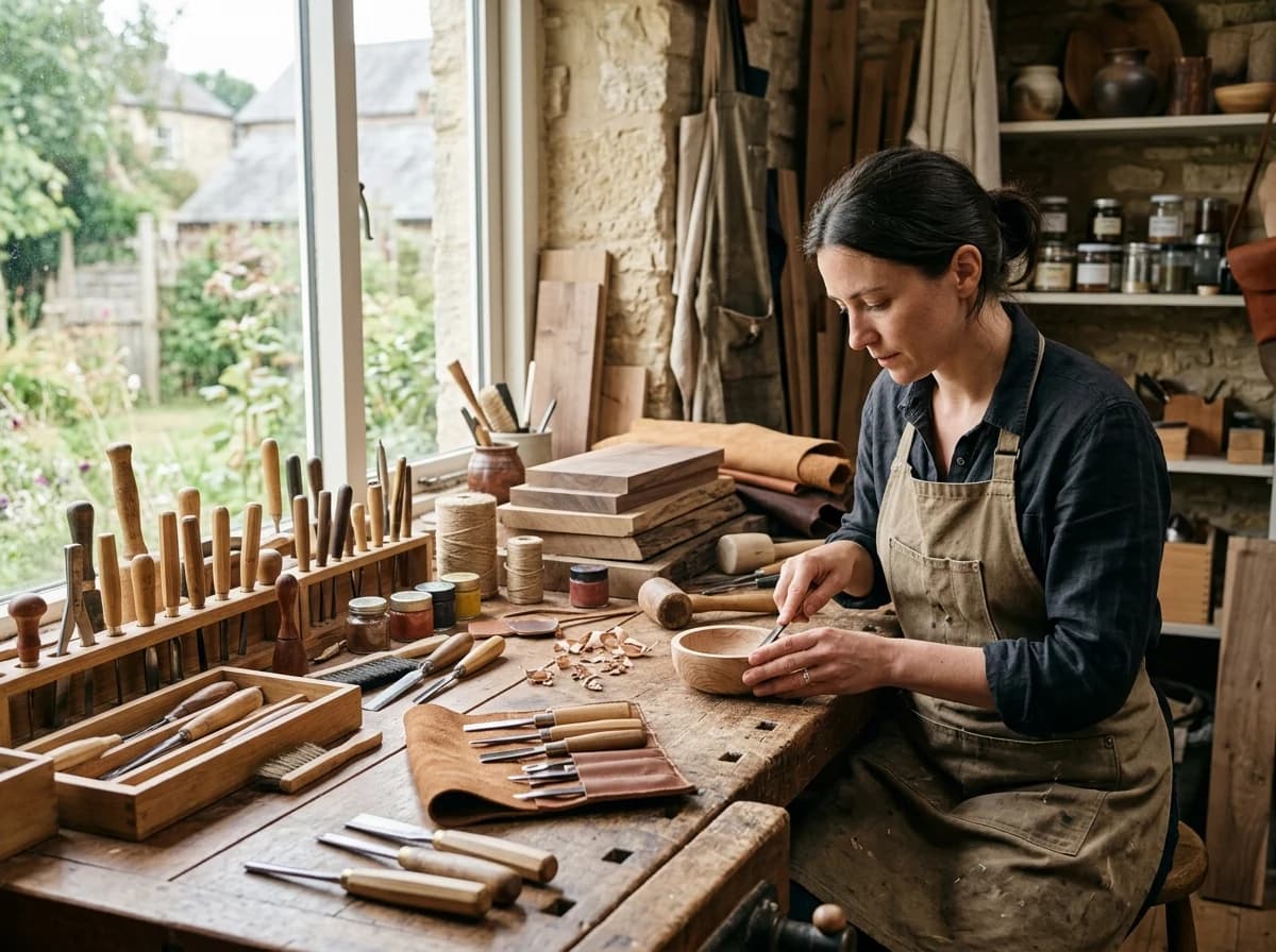 Organized artisan's workshop bench with various hand tools, materials, and natural light.