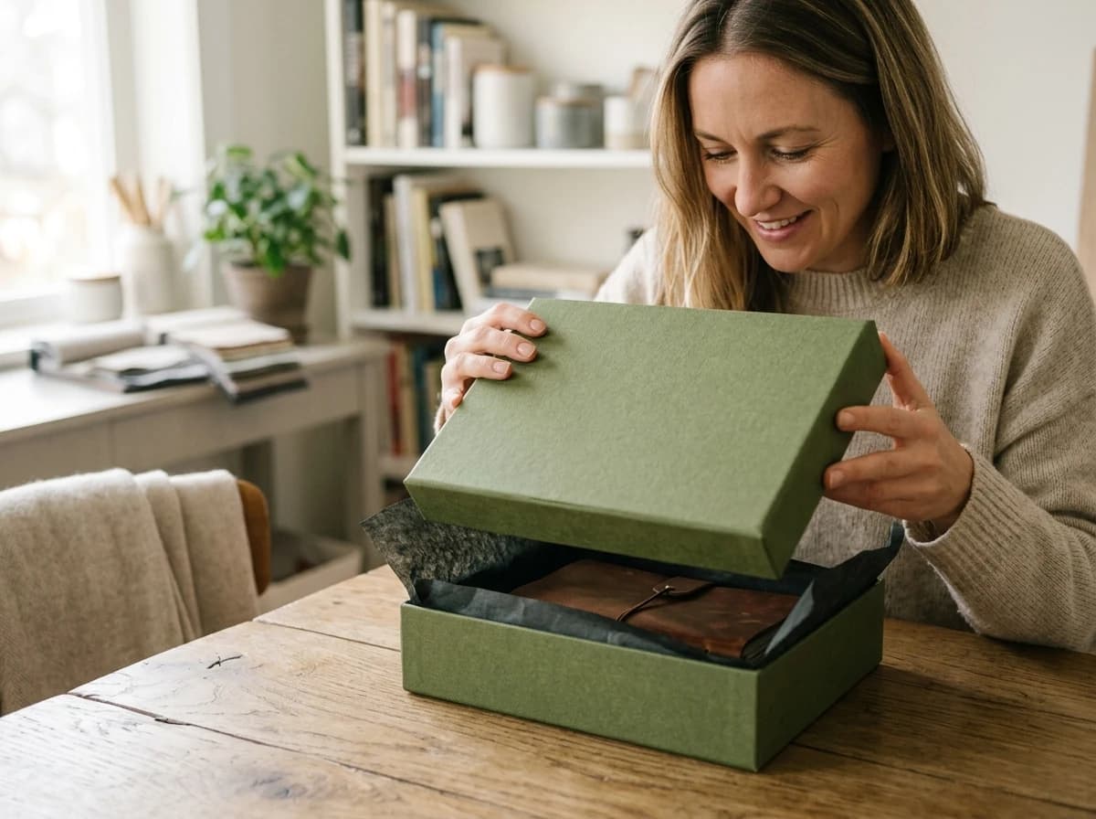 Hands carefully unboxing a beautifully packaged custom product, revealing a smile.