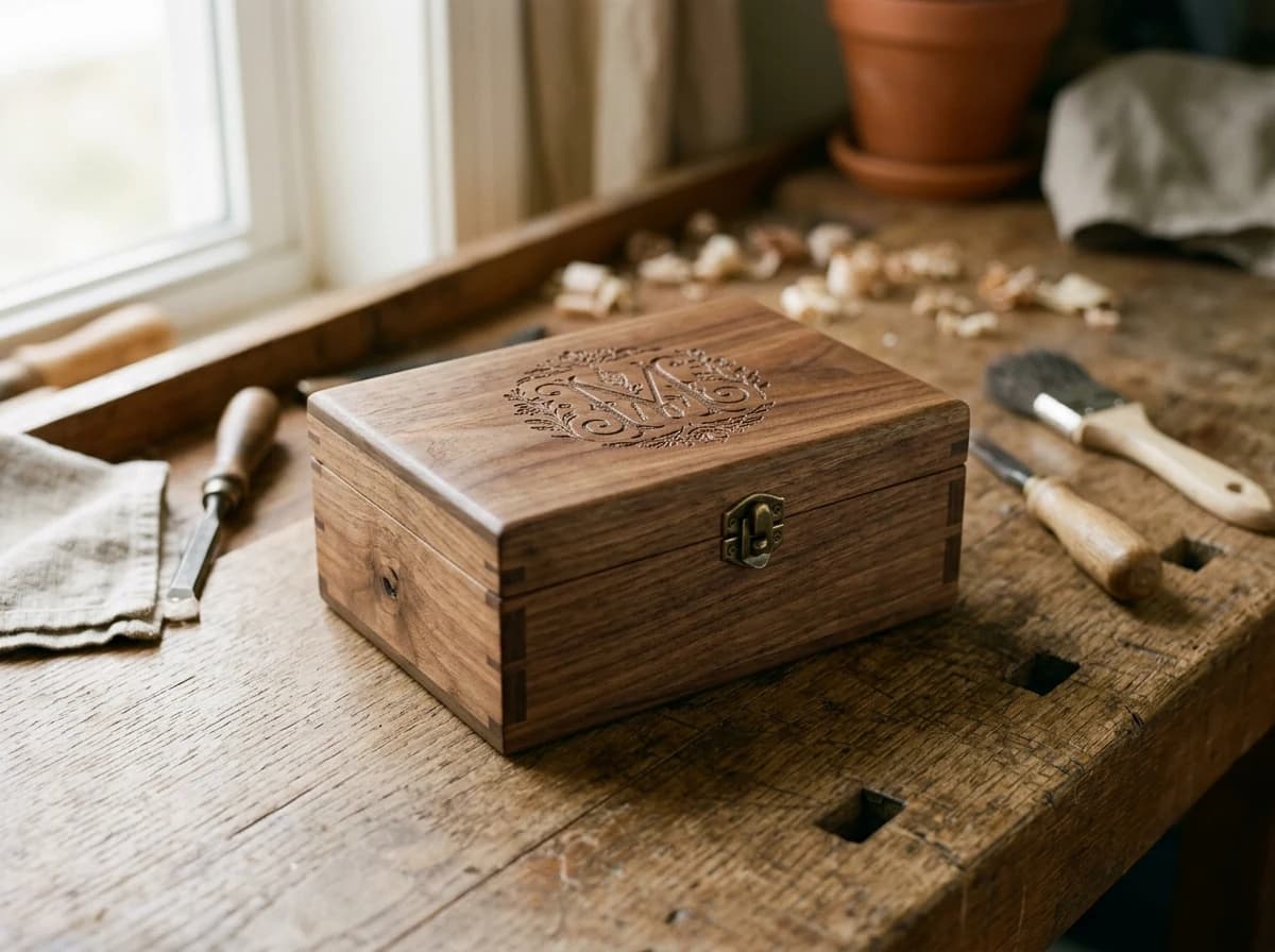 Close-up of a beautifully engraved wooden gift box with intricate custom text.