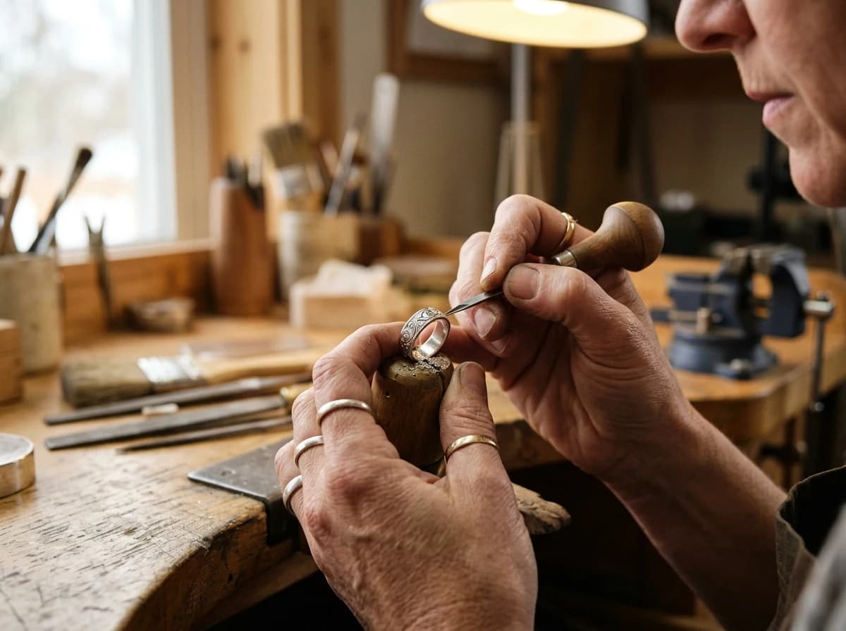 Close-up of hands meticulously working on a detailed custom product with precision tools.