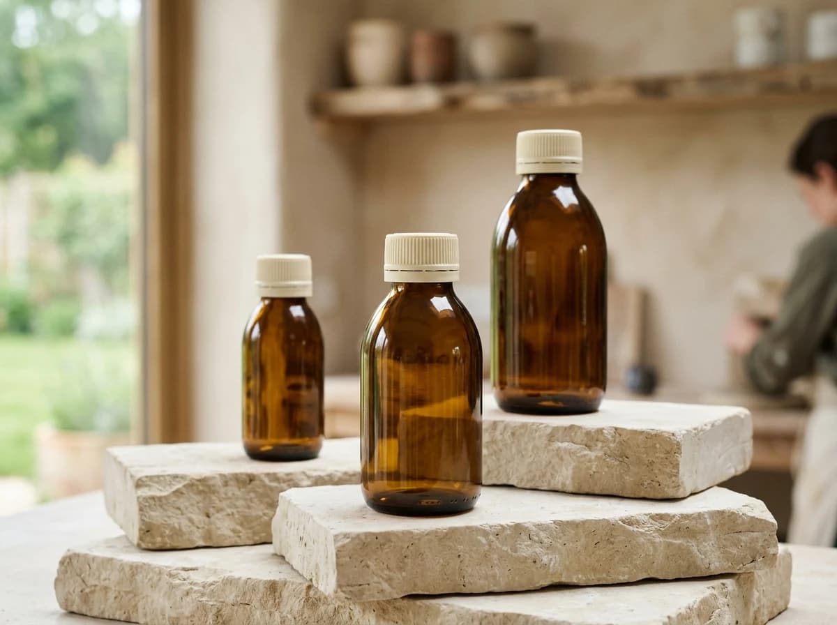 Plain amber supplement bottles with cream caps on a pale stone surface in soft studio light.