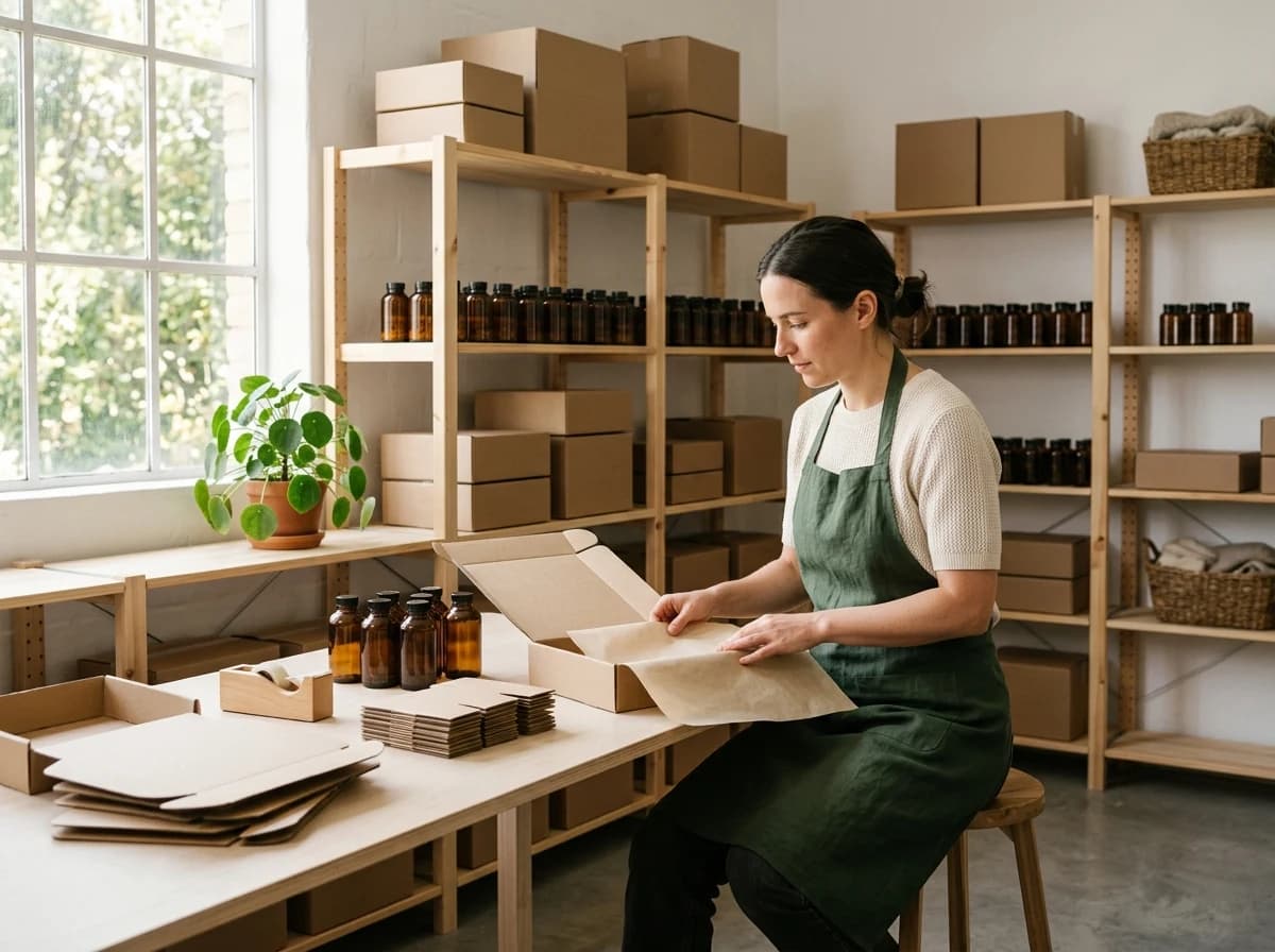 Clean fulfillment studio with organized plain bottles, kraft boxes and packing materials in soft daylight.