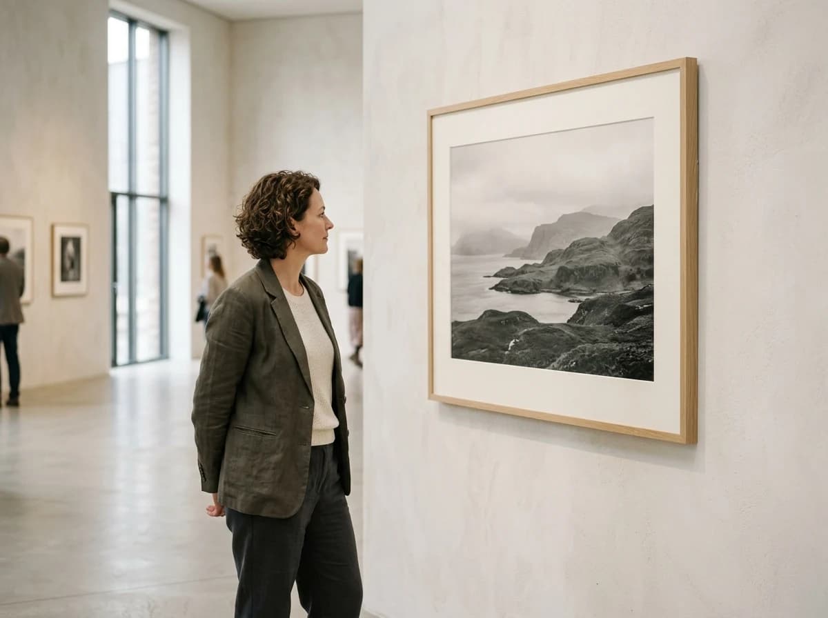 An adult client admiring a beautifully framed photographic print hanging on a gallery wall in a minimalist interior.