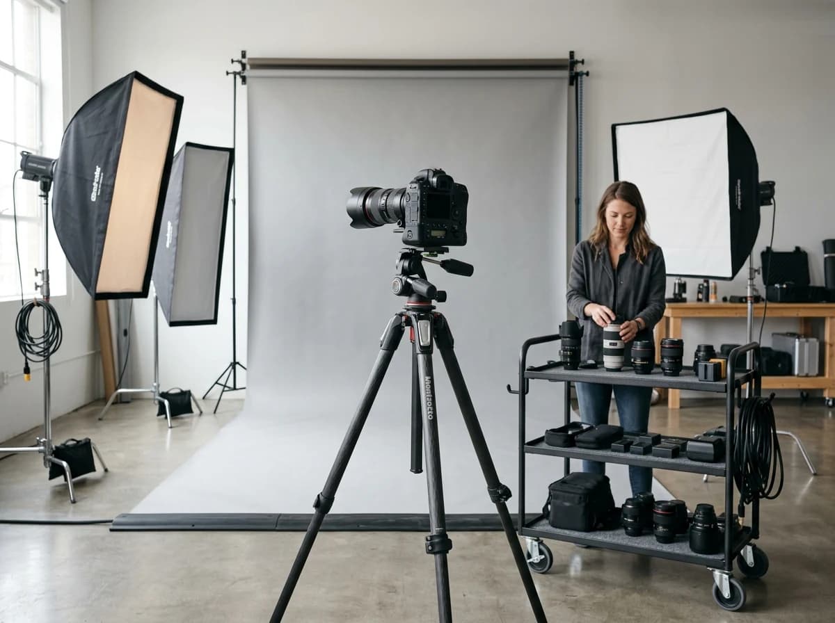 A professional photography studio with softbox lights, seamless paper background, various lenses, and a camera on a tripod.