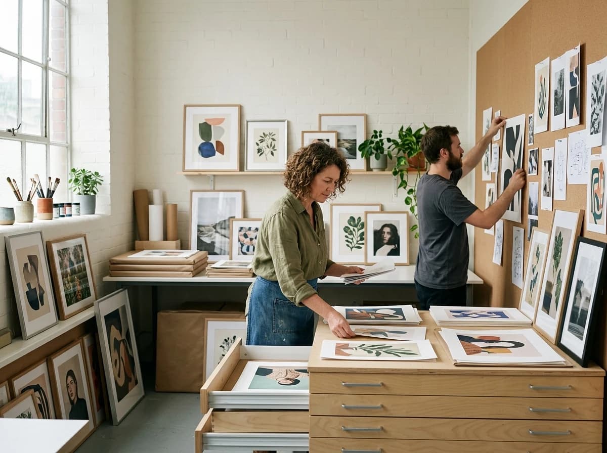 A bright artist's studio displaying various art prints, framed and unframed, ready for sale.