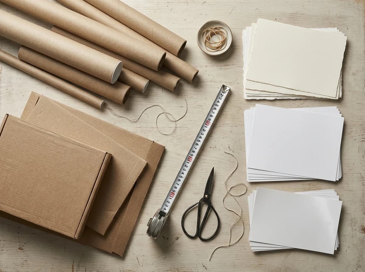 Various print packaging materials like tubes, flat mailers, and paper samples on a table.