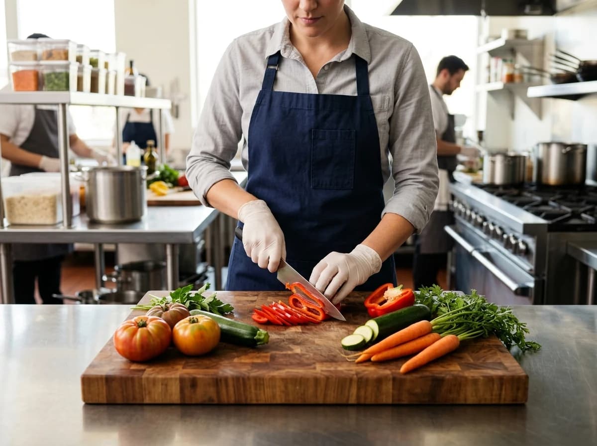 A chef's hands carefully slicing fresh vegetables on a clean cutting board in a professional kitchen setting.