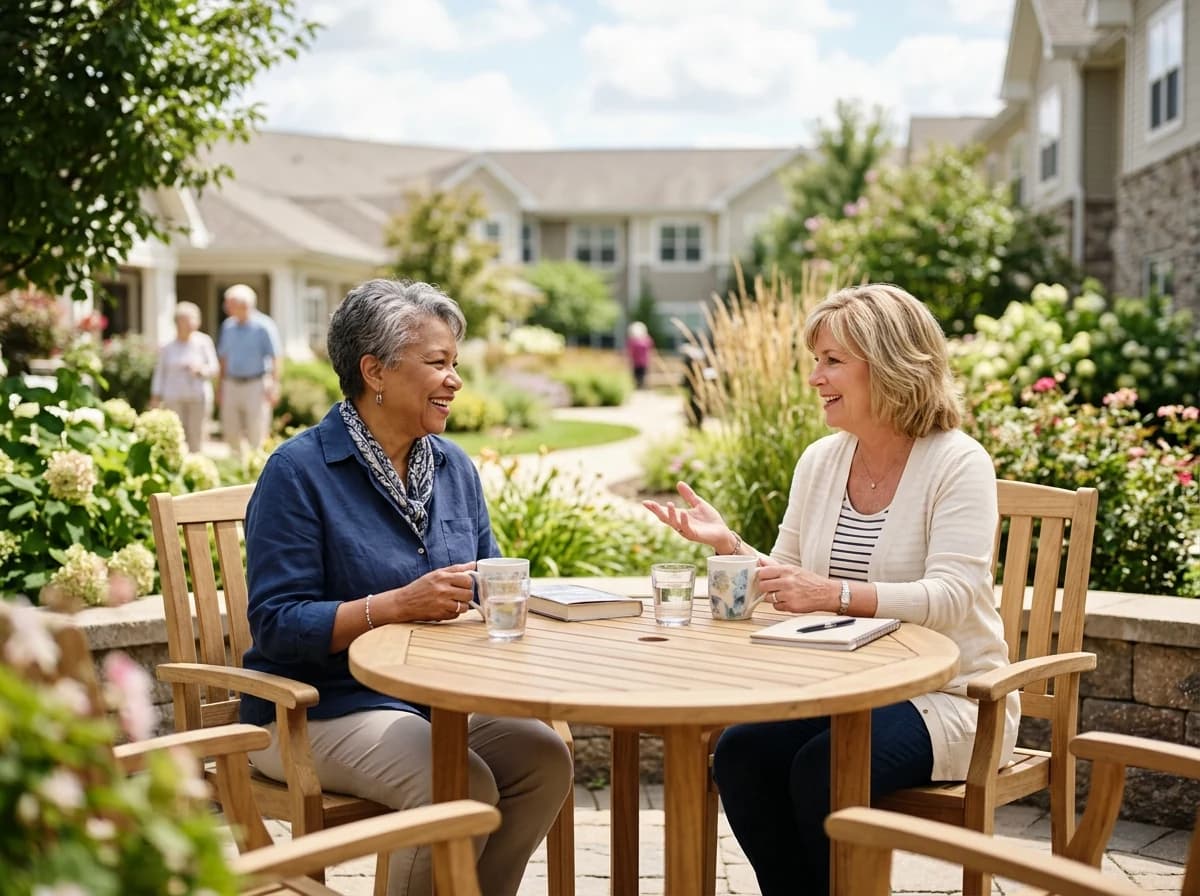 Two adult women sharing a relaxed conversation on a sunny outdoor patio, seated comfortably.