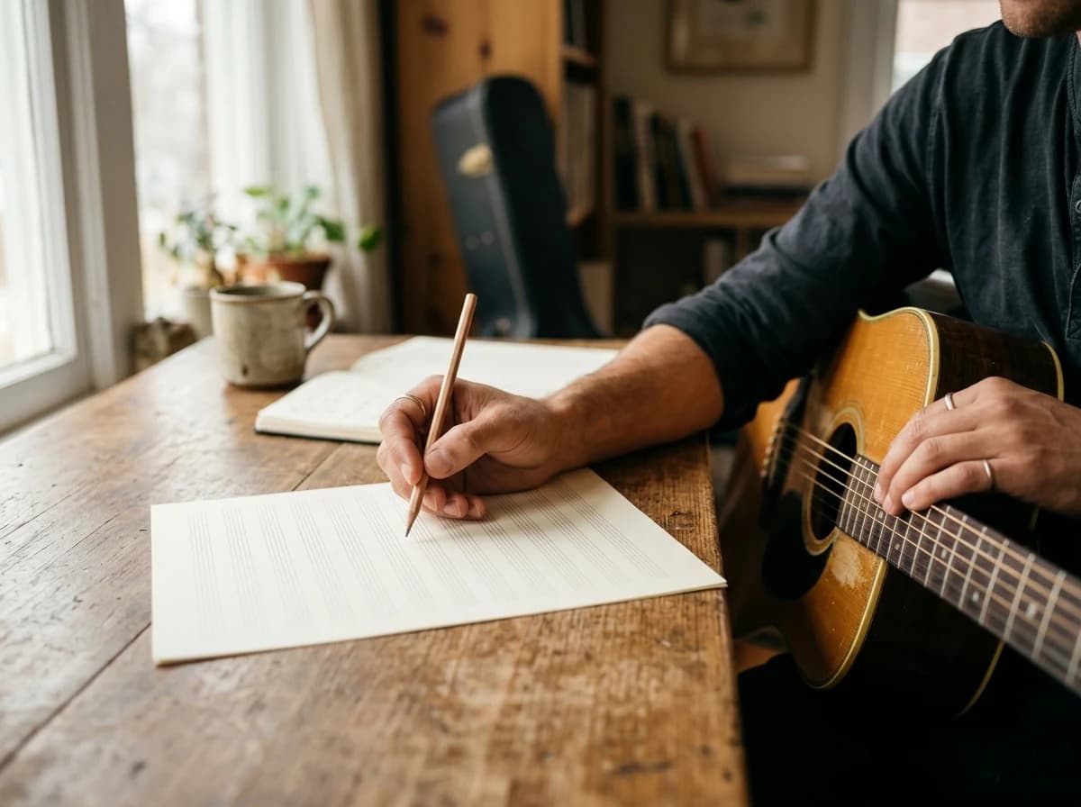 Musician's hands writing musical notes with a pencil on a blank staff paper.