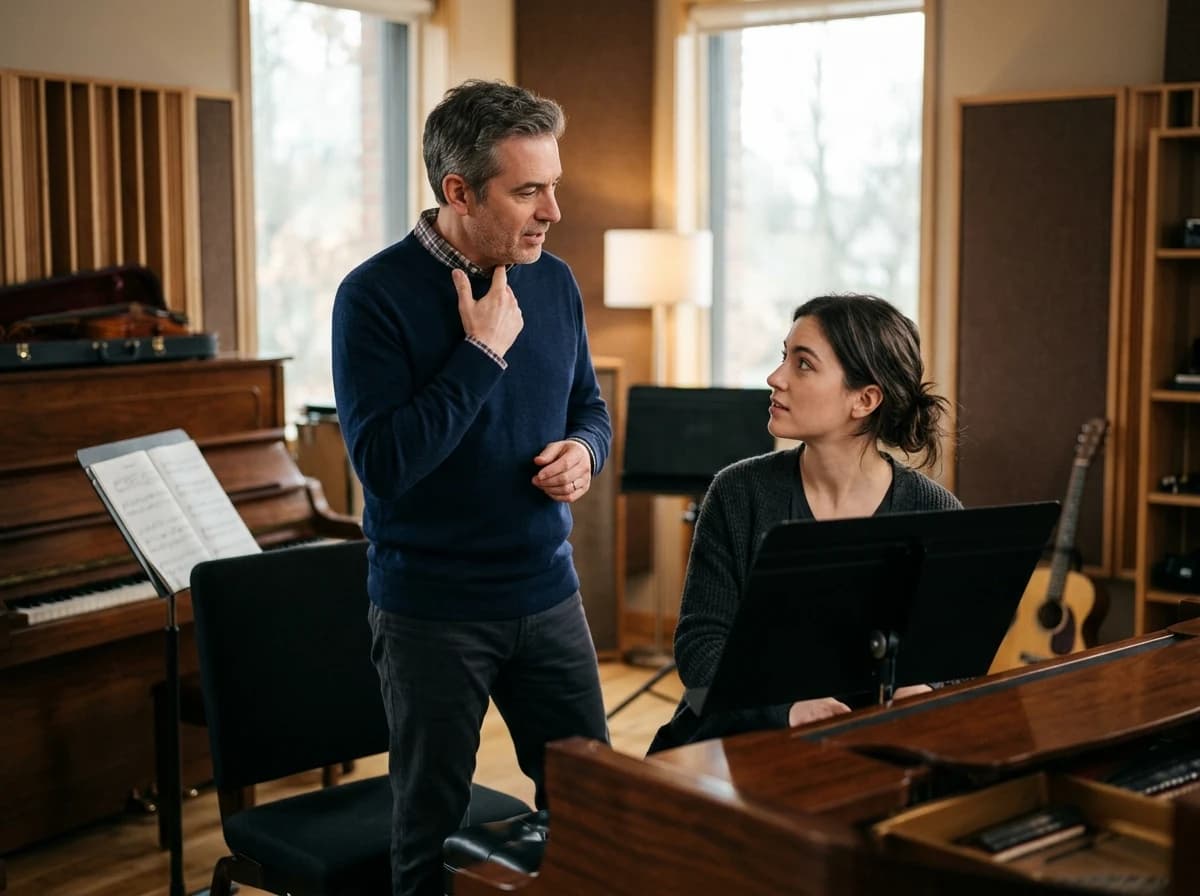 Adult male vocal coach demonstrating technique to an adult female student at a piano.