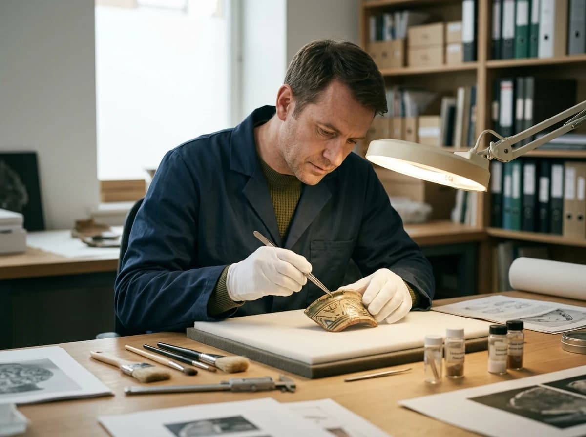 A museum curator meticulously examining an artifact in a dedicated, well-equipped conservation lab.