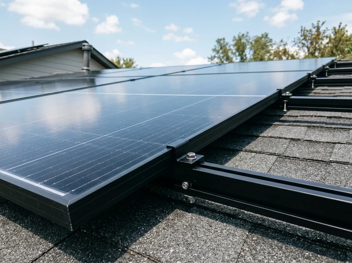 A close-up of a freshly installed solar panel module on a residential rooftop, highlighting the sleek black surface and secure mounting hardware. The panel reflects a clear blue sky, emphasizing its integration and efficiency.