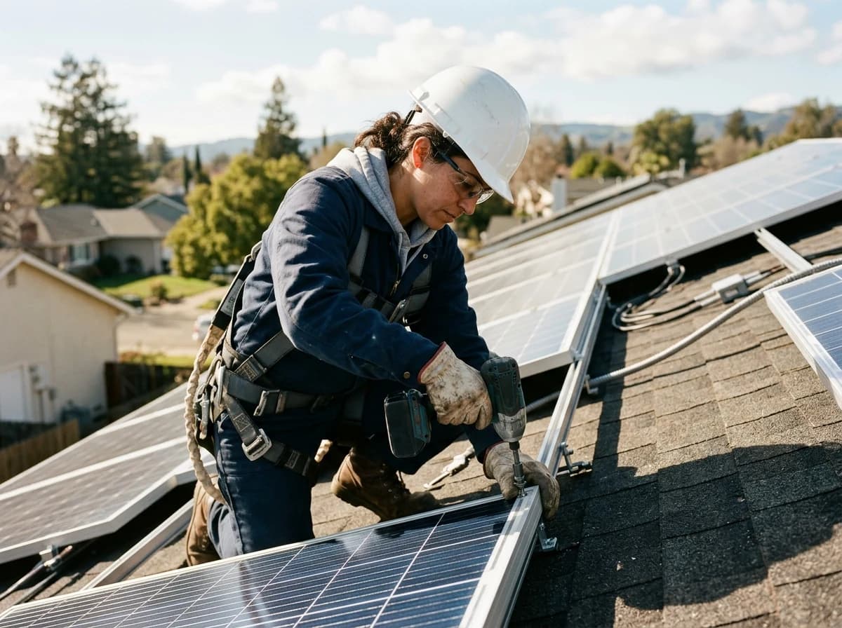 An adult solar technician, wearing safety gear, uses a power tool to securely fasten a solar panel onto a rooftop mounting system. The focus is on the hands-on work and precision of the installation craft.