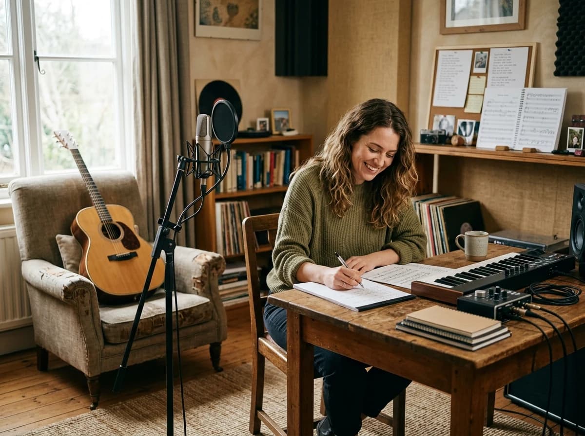 A cozy home recording studio with a guitar, microphone, and audio interface.