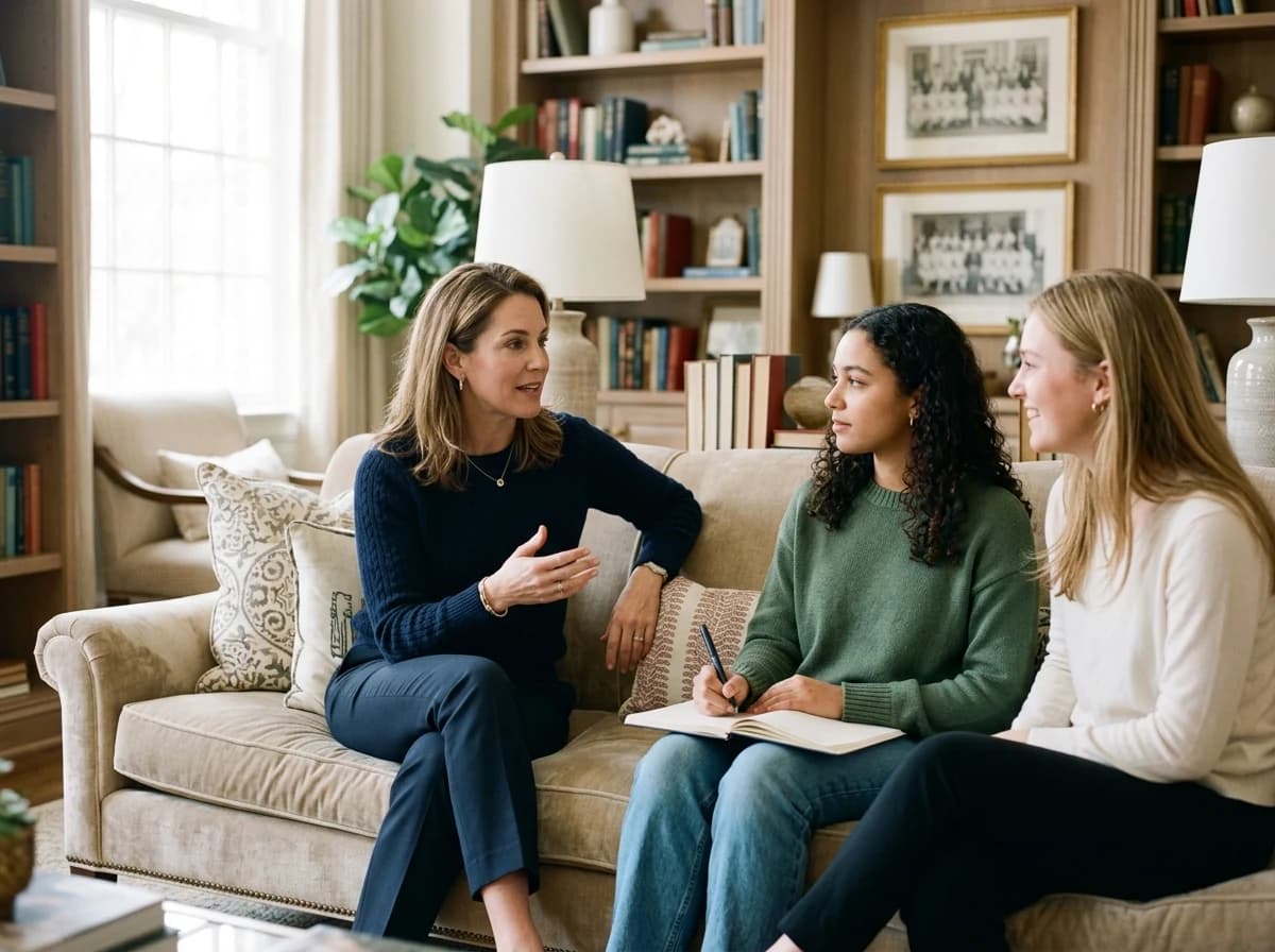 An older alumna mentor conversing with two younger sorority members in a comfortable lounge.