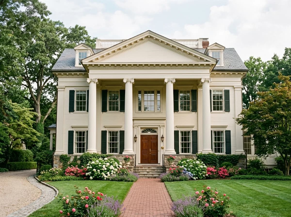 Grand, historic sorority house exterior with Greek columns, well-maintained lawn, and flowering bushes.