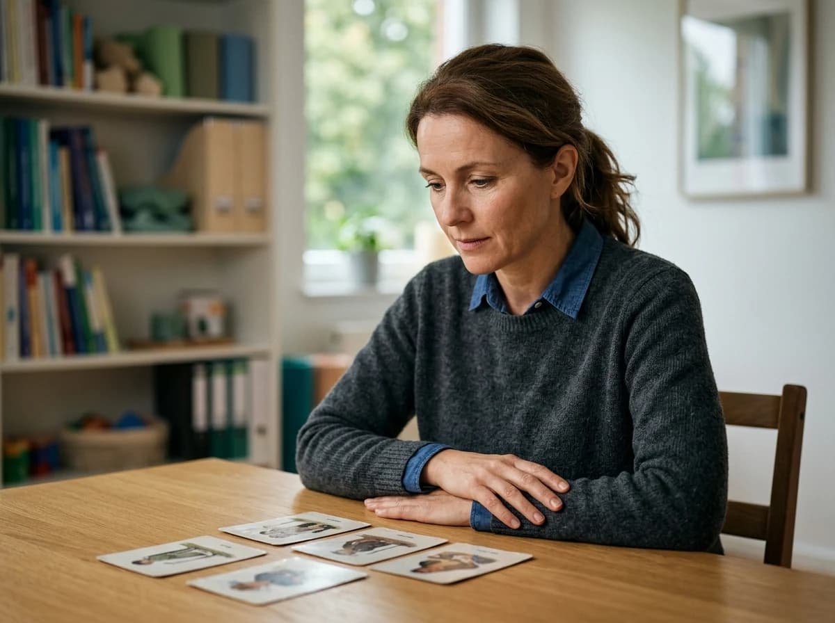An adult woman thoughtfully engages with a set of tactile, physical therapy cards, her expression focused and attentive, in a well-lit, professional therapy room setting. No digital devices are present.