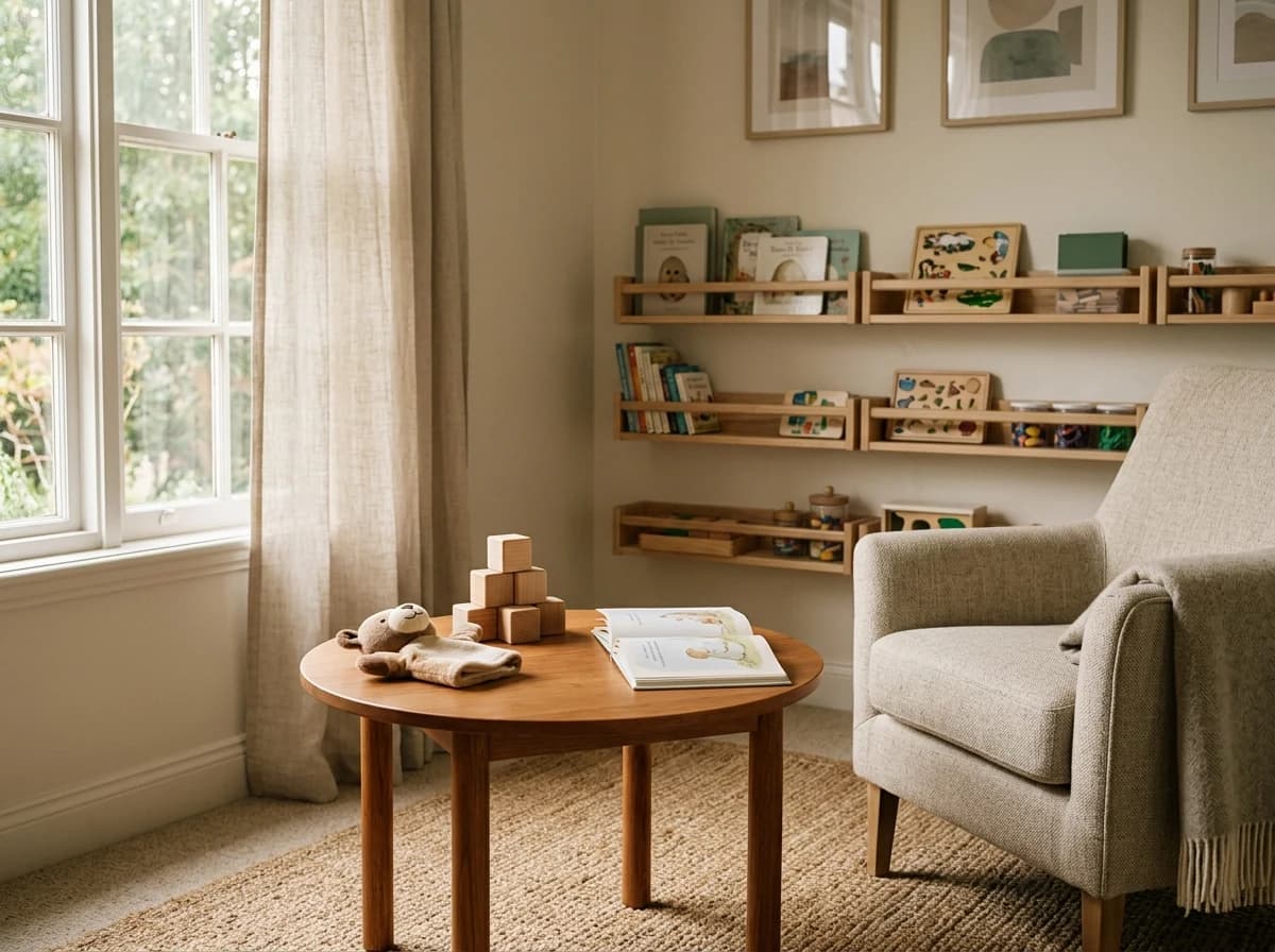 Bright, warm-lit therapy room with a comfortable armchair, a small table, and shelves with a few thoughtfully placed, age-appropriate educational toys and books, suggesting a welcoming and professional environment for speech therapy. No screens or identifiable branding are visible.