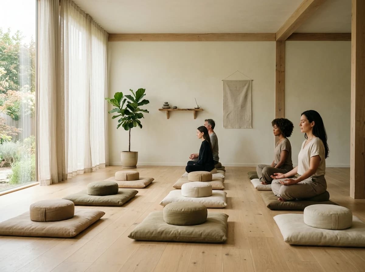 A serene, minimalist meditation studio with soft lighting, floor cushions, and subtle natural elements like a potted plant.