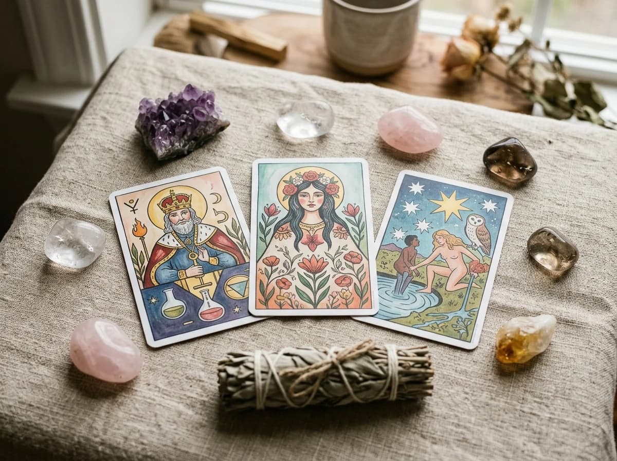 A thoughtful arrangement of three tarot cards face-up on a linen cloth, surrounded by polished crystals and a small sage bundle.