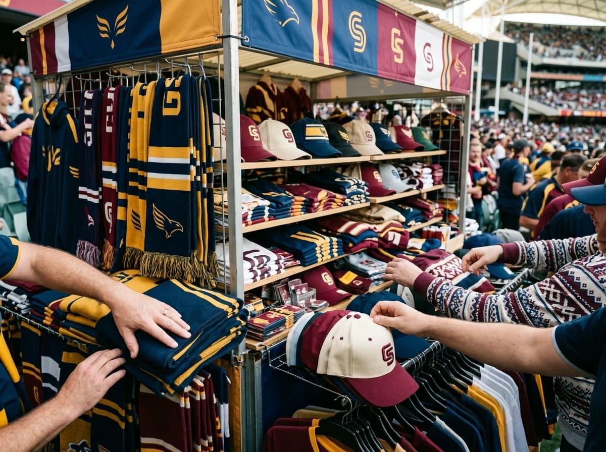 A bustling fan merchandise stand with generic sports team apparel and accessories.