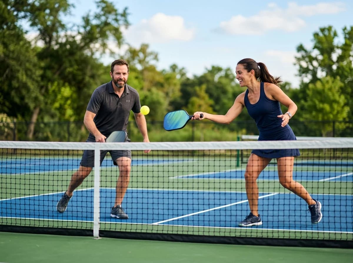 Two adults actively playing pickleball on an outdoor court.