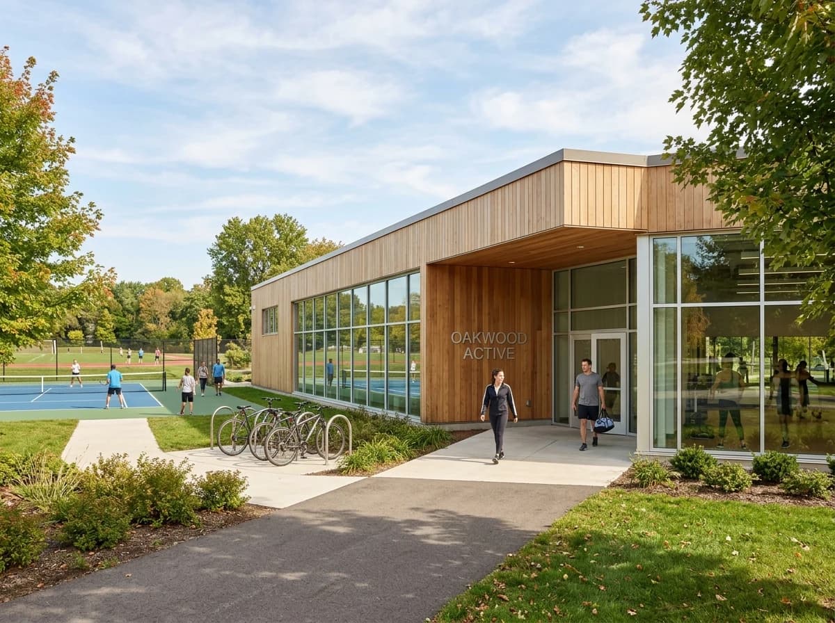 Exterior of a modern, clean community sports center with a clear entrance.