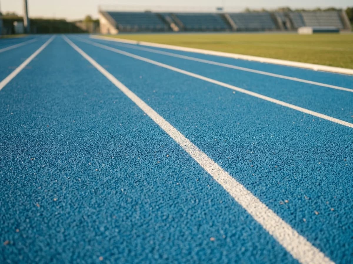 Straight parallel white lane lines across a blue athletics track