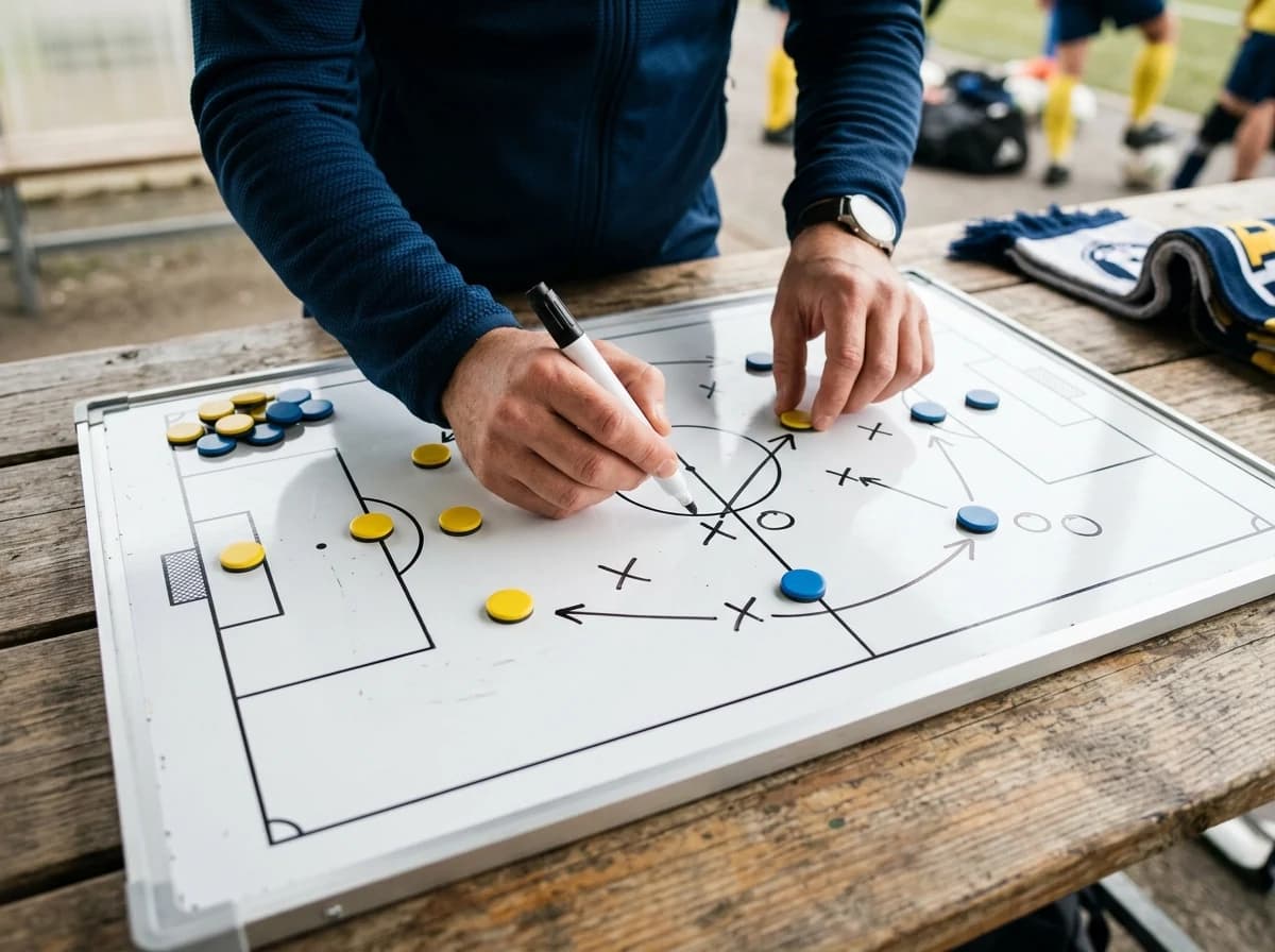 The hands of an adult coach, holding a dry-erase marker, drawing play formations on a magnetic tactics board, with small, unbranded player pieces scattered around, suggesting strategic planning. Focus on the board and hands.