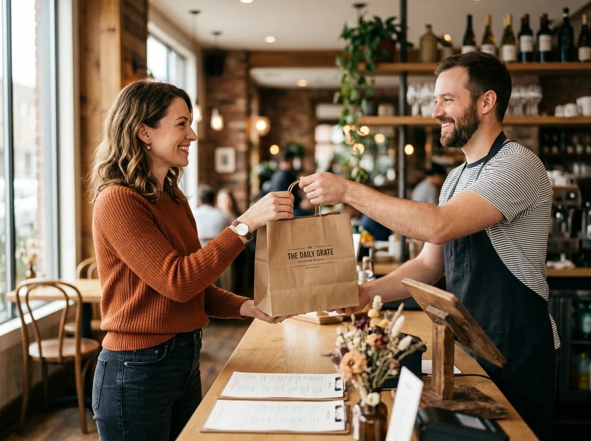 Adult customer at a restaurant counter, receiving a take-out order from a staff member with a friendly exchange.