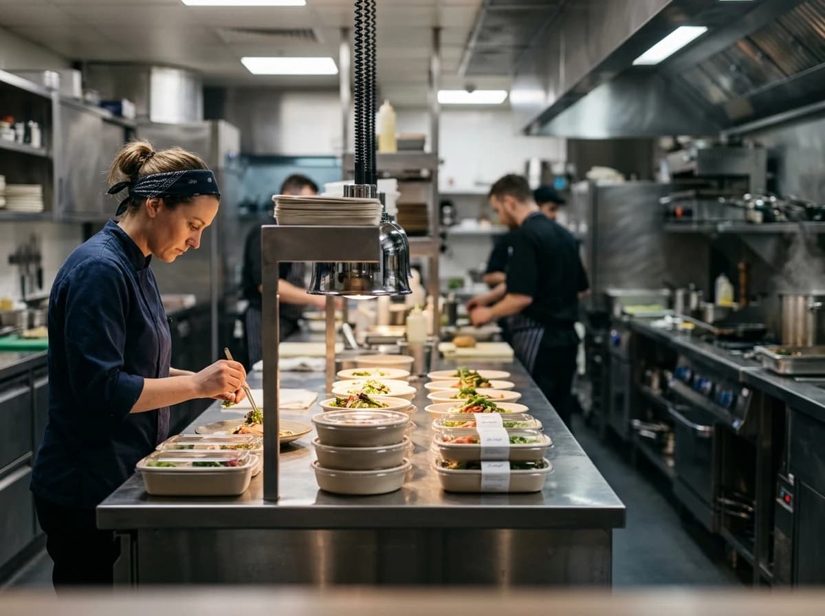 Clean, bustling restaurant kitchen pass with dishes waiting for pickup, stainless steel surfaces.