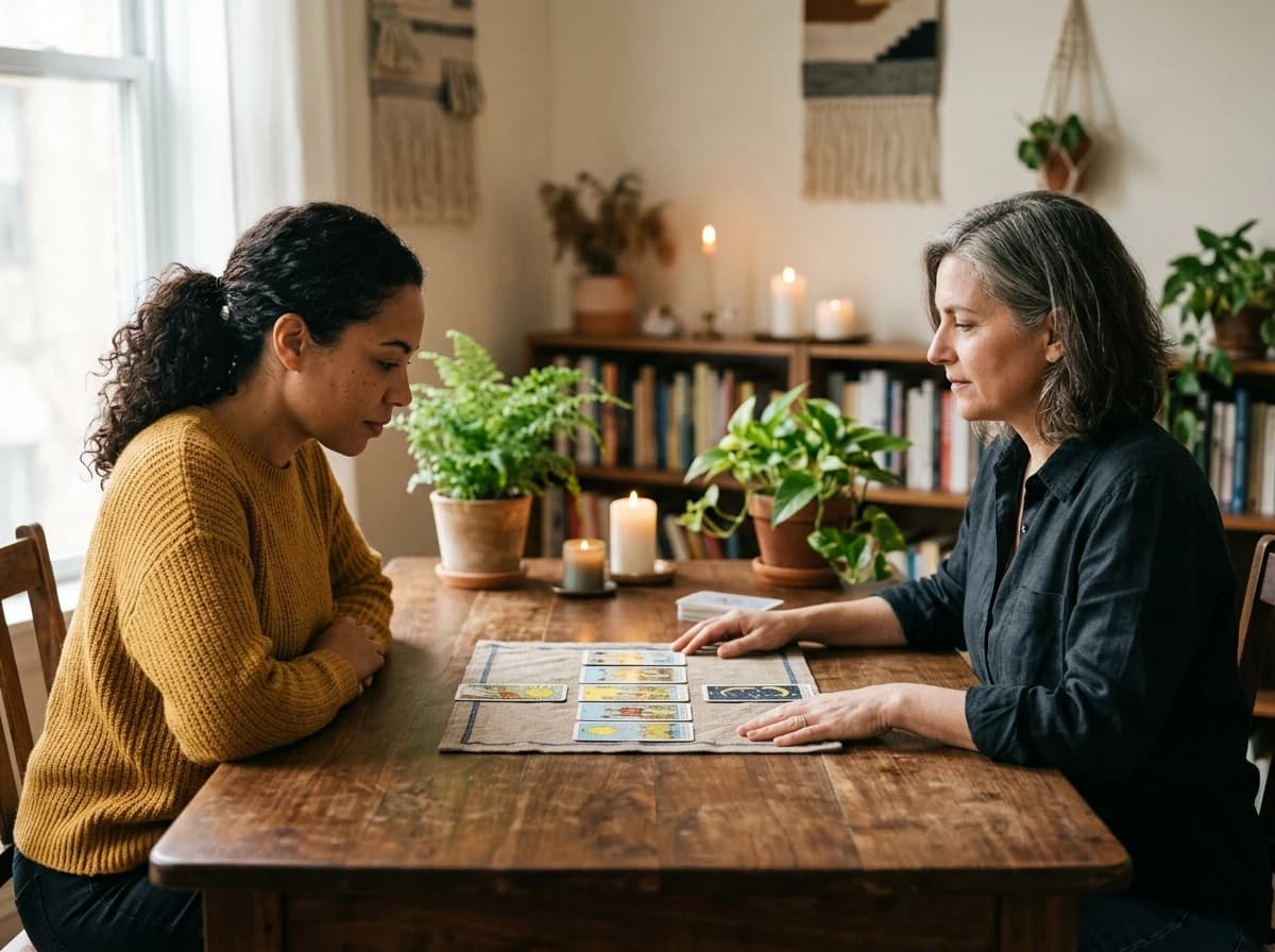 Adult seated at a table, thoughtfully observing tarot cards, with a reader across from them in a focused, professional pose.