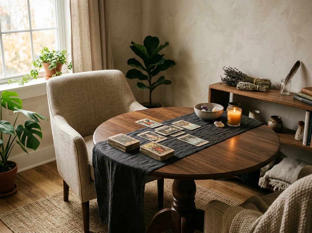 Inviting, softly lit room with a round wooden table, a comfortably upholstered chair, and a decorative textile draped over a small side table.