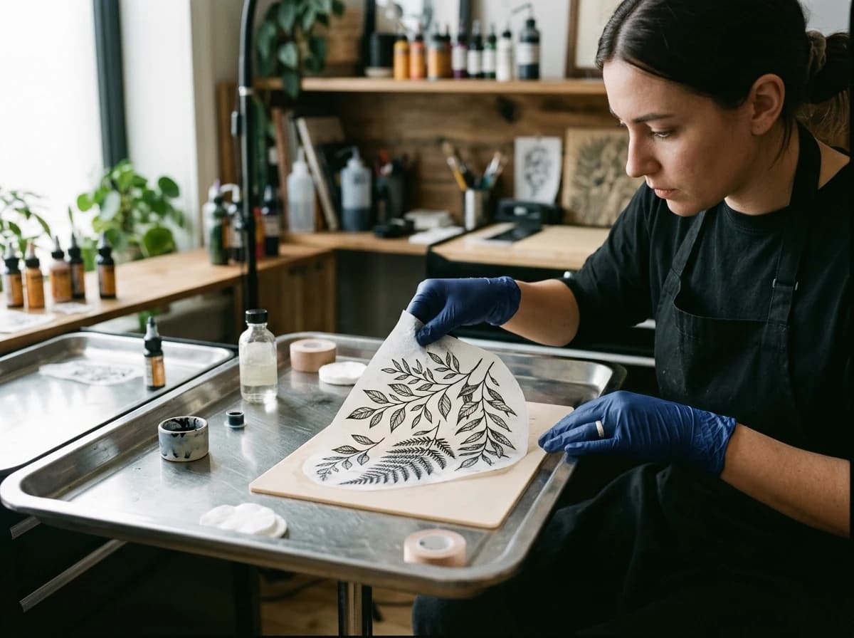 A gloved adult tattoo artist applying an original botanical stencil to a clean silicone practice sheet on a disinfected studio tray, no human skin piercing.