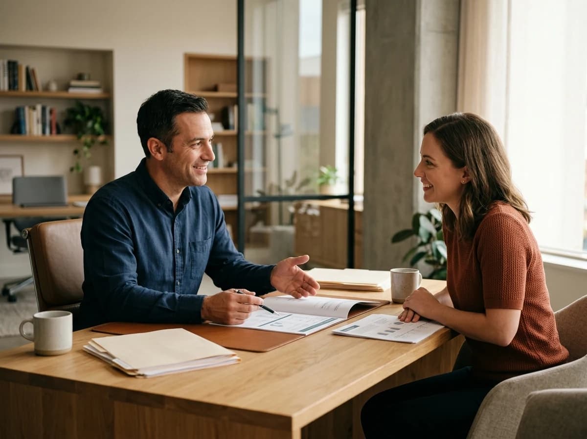 A male tax preparer in a business shirt, gesturing at documents on a desk while conversing with a female client, both engaged.