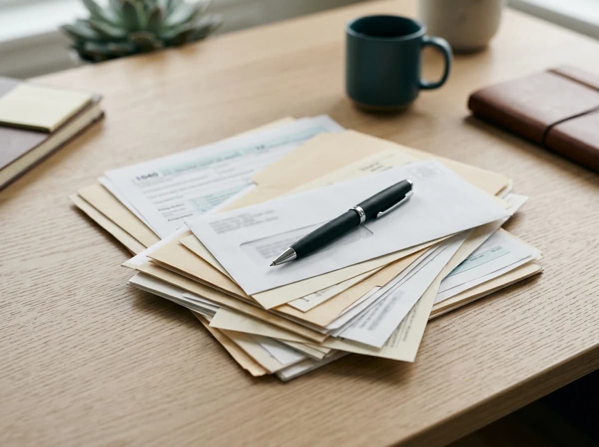 A neat stack of generic tax forms, unidentifiable text, with a pen resting on top, on a clean desk.