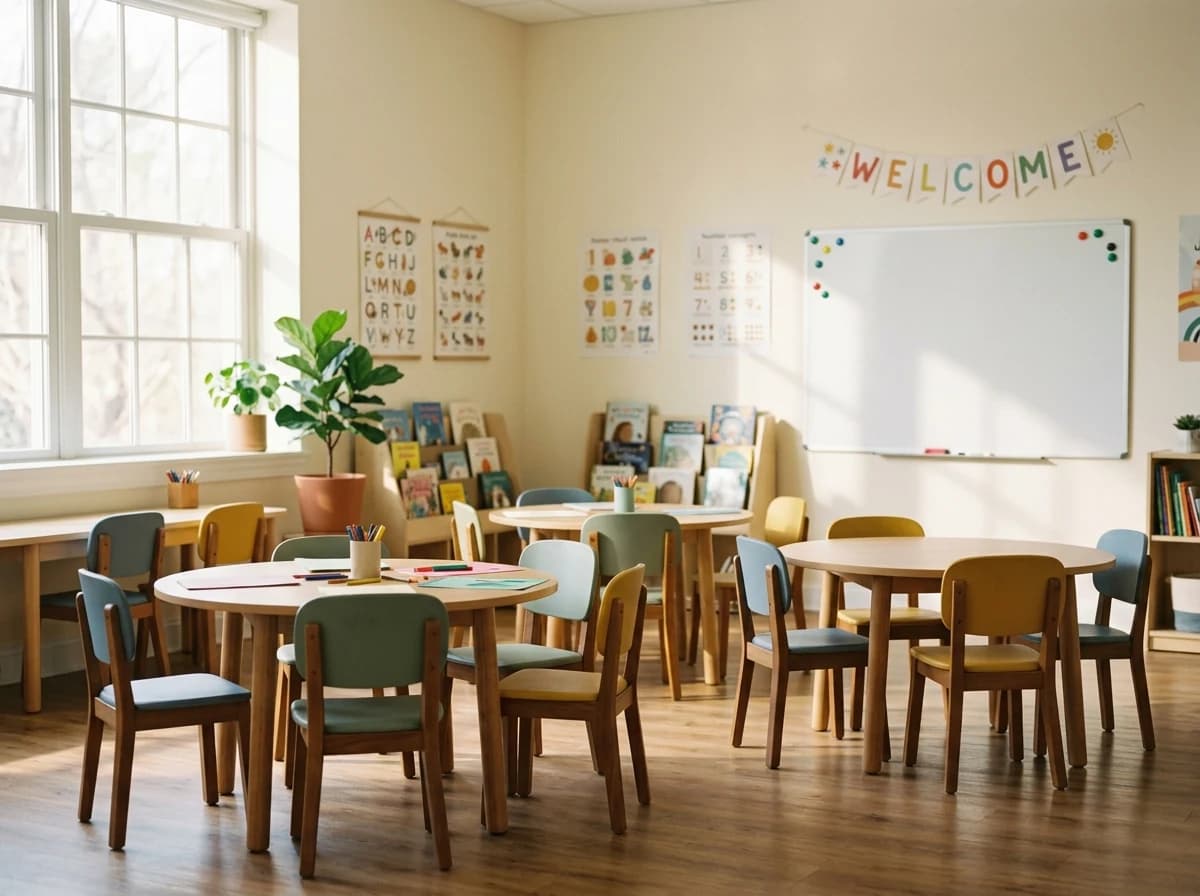 An empty, brightly lit classroom with colorful educational posters, small chairs, and a whiteboard.