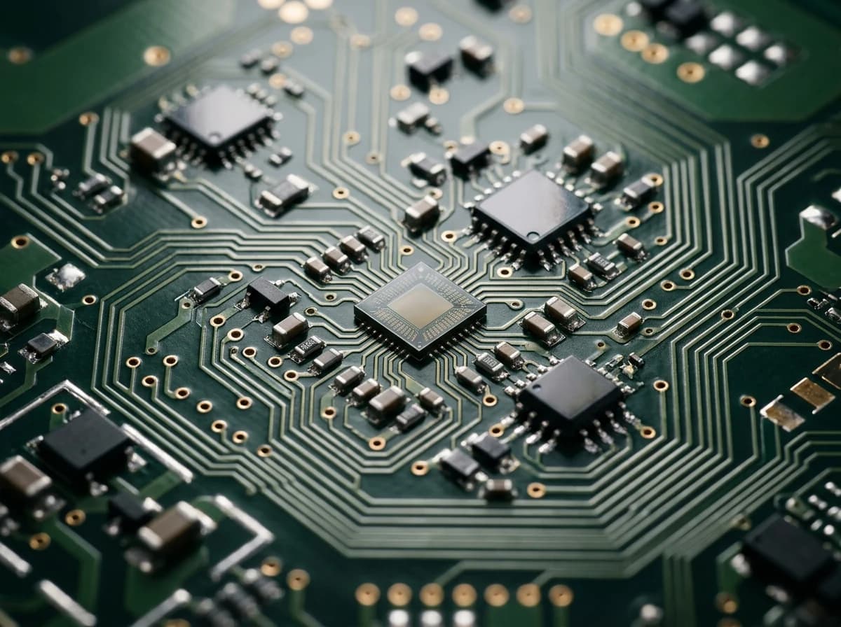 Extreme close-up on the intricate details of a sophisticated, unbranded circuit board, featuring tiny microchips, resistors, and fine metallic traces, bathed in soft, conceptual lighting, symbolizing technology and innovation. Abstract and clean.