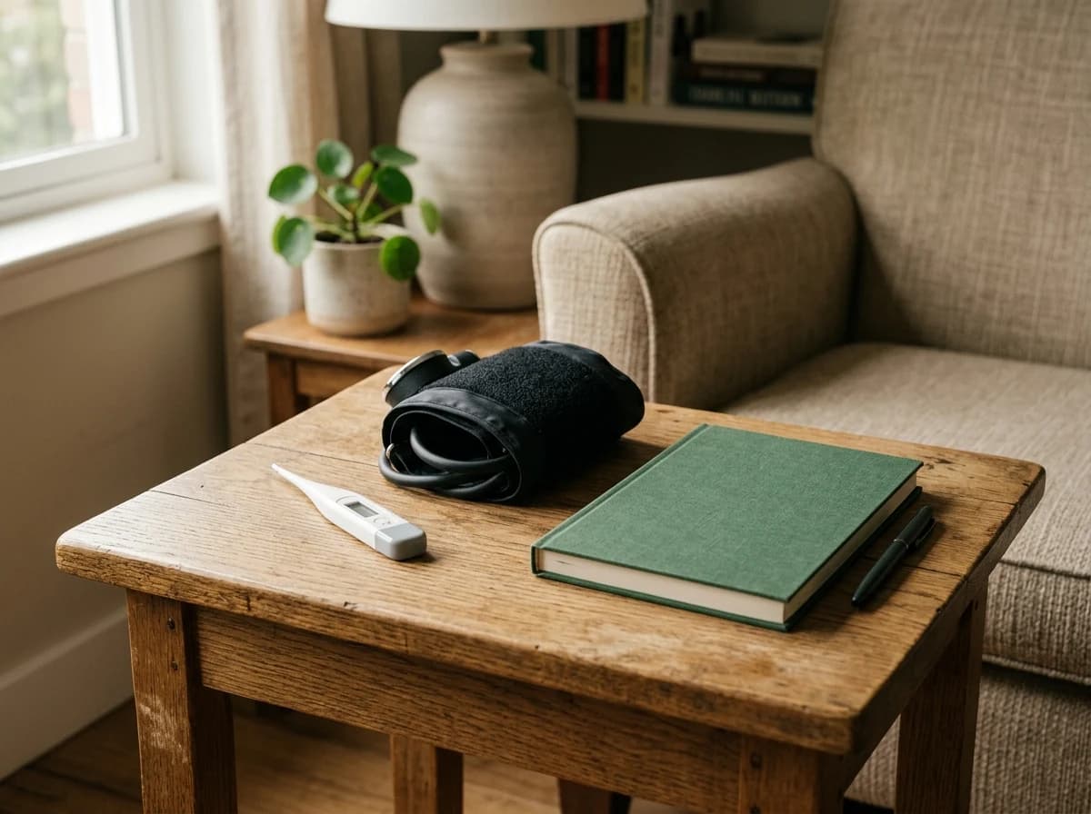 A plain digital thermometer, unbranded blood pressure cuff and closed notebook arranged neatly on a home side table, device readouts hidden.