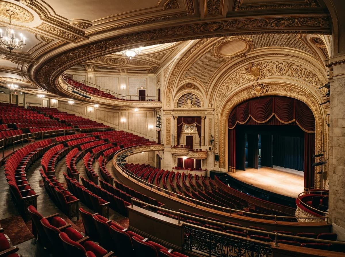 Elegant empty theater interior with rows of seats, stage, and warm lighting, ready for an audience.