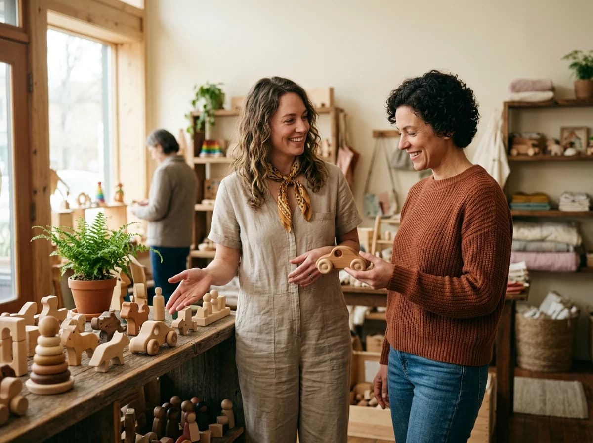A toy shop assistant and an adult customer discussing a wooden toy beside a display.