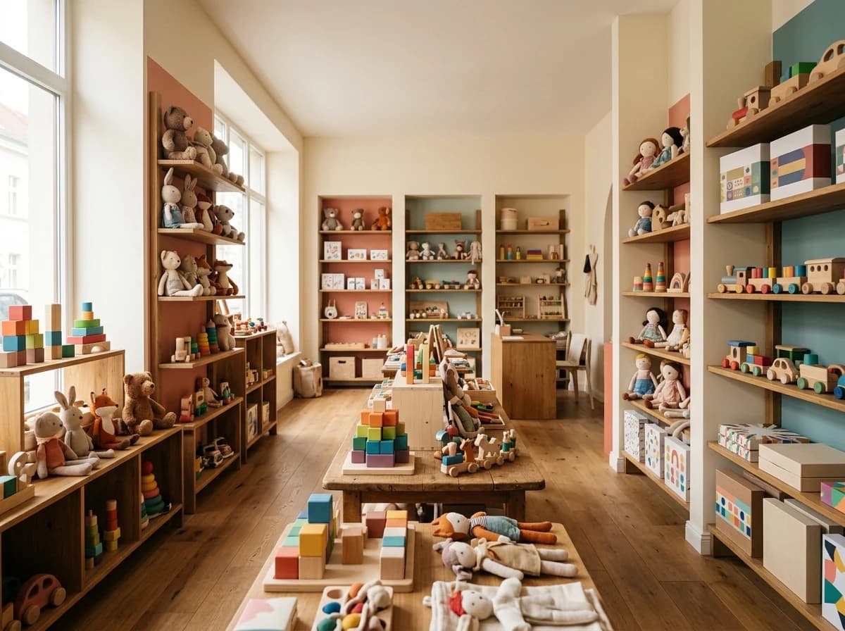 A bright toy shop with wooden shelves displaying plush animals, blocks and toy vehicles.