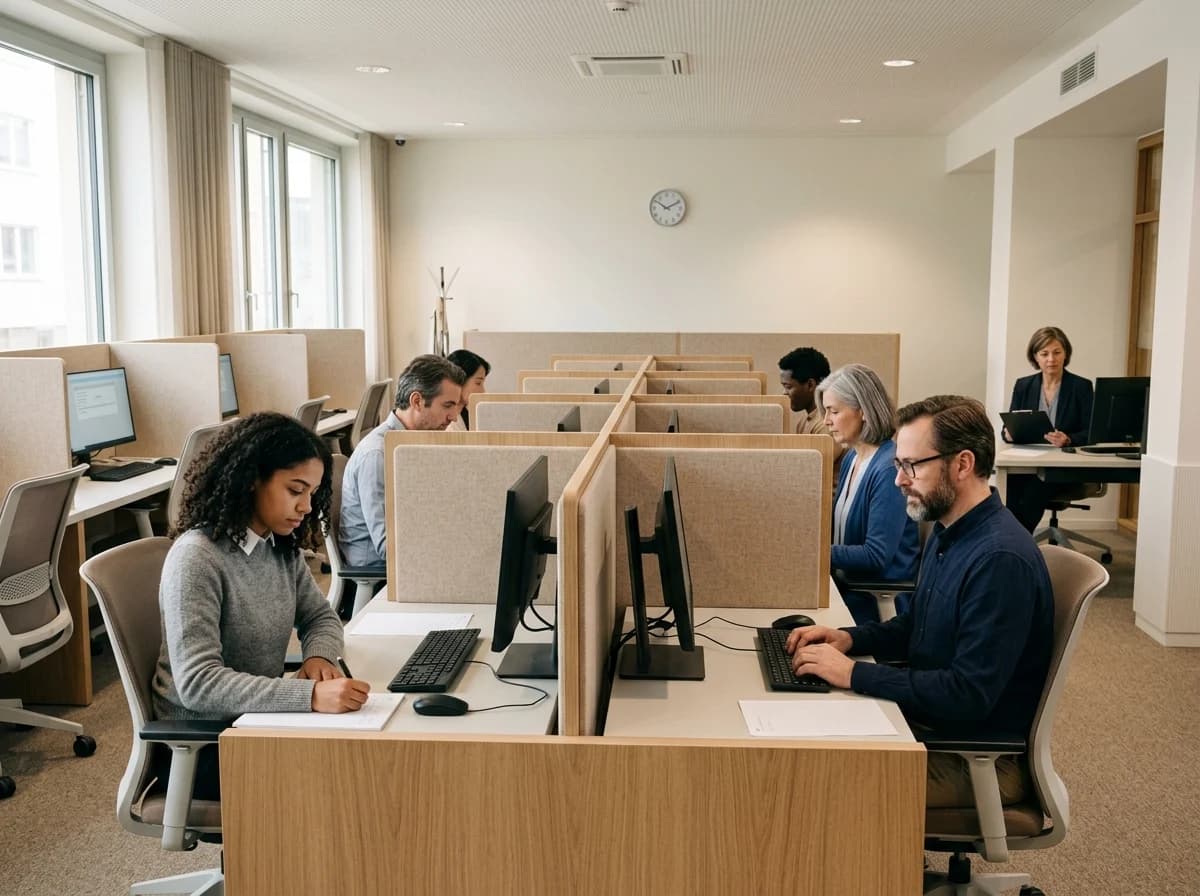 Adults taking a certification exam in a quiet, proctored testing center with individual workstations.