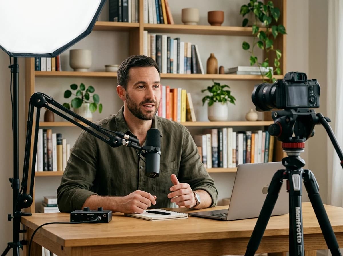 A trainer recording an online course in a professional home studio setup with a microphone and camera.
