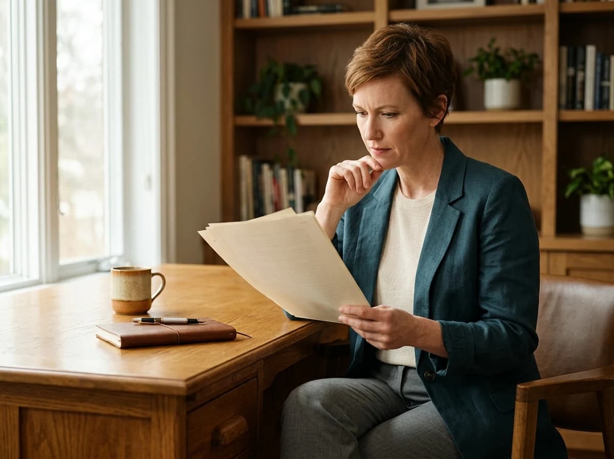 An adult professional client, seated at a desk, reviewing a stack of translated documents with a thoughtful expression, bathed in soft, natural light.