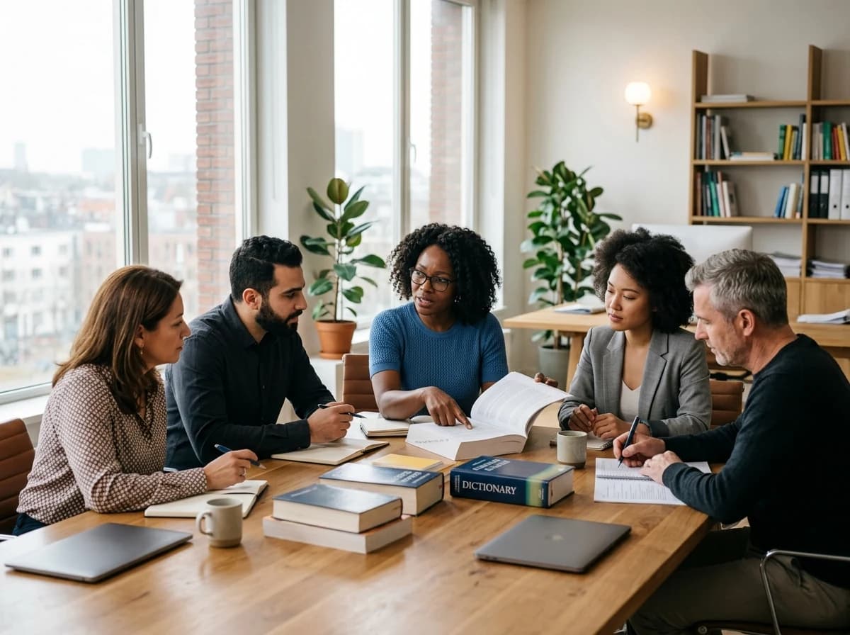 Bright, modern translation agency office with several adult linguists collaborating respectfully, seated at a large, well-lit conference table with various dictionaries and language reference books, focused on a document.