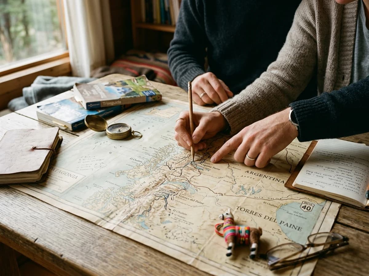 Hands tracing routes on a large, detailed paper map, surrounded by travel guidebooks and planning notes.