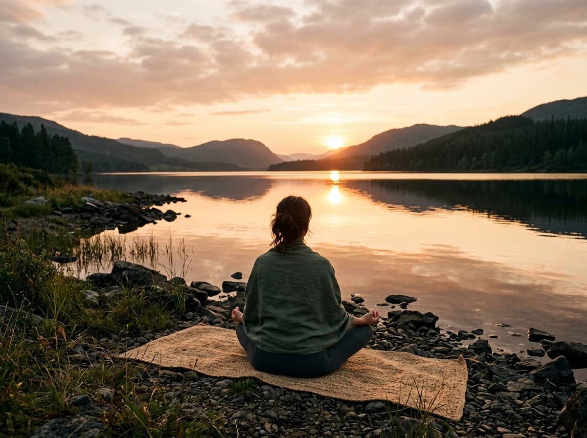 Adult meditating peacefully by a calm lake at sunrise, facing away from the camera.